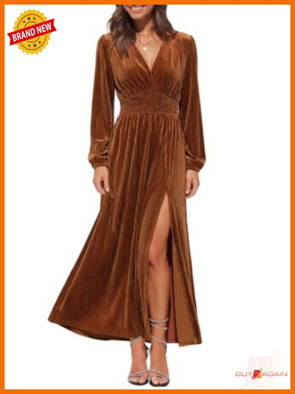 Velvet Long Sleeve Maxi Dress V-Neck High Waist Formal Wedding Guest